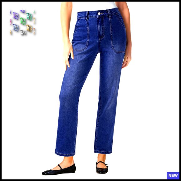 Straight Leg Jeans High Waisted Stretchy Denim Ankle Length Classic Chic